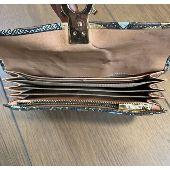 Uterque Brown, Tan, Blue Sheepskin Multipocket Geometric Floral Clutch Wallet - Picture 10 of 10